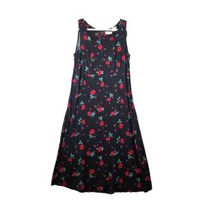 Vtg 90s Grunge Floral Maxi Dress Black Red Rose Rayon Kathie Lee Woman Plus 16W‎